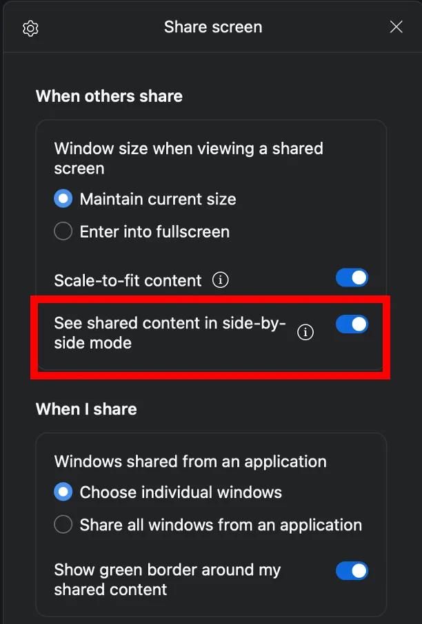 Screen settings during sharing